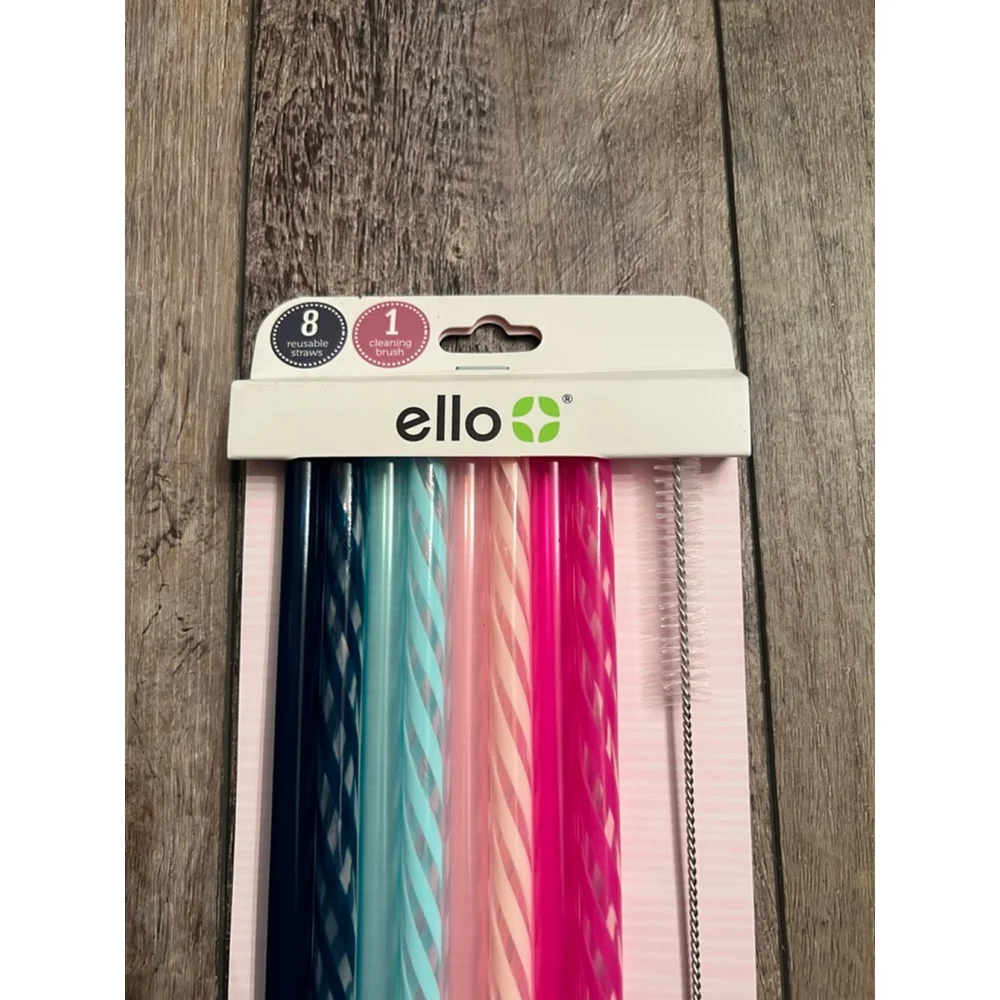 NEW Ello Reusable Plastic Straws with Cleaning Brush, One Size, Blue & Pink